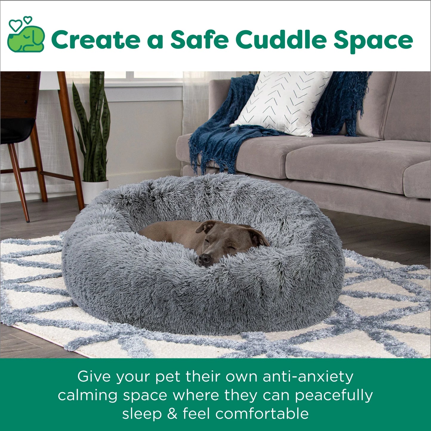 23" round Calming Donut Dog Bed with Washable & Removable Cover & Bolster - Shaggy Plush Long Faux Fur Ball Bed - Gray, for Dogs up to 20 Lbs, Small