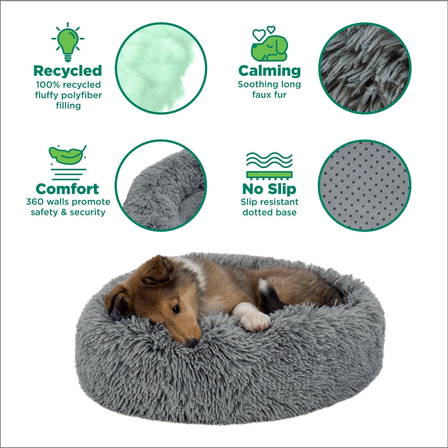 23" round Calming Donut Dog Bed with Washable & Removable Cover & Bolster - Shaggy Plush Long Faux Fur Ball Bed - Gray, for Dogs up to 20 Lbs, Small