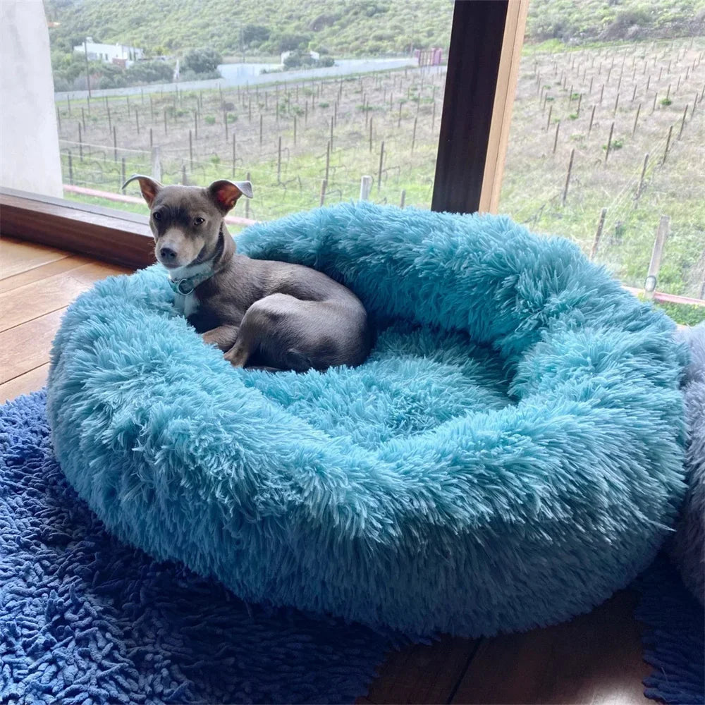 23" round Calming Donut Dog Bed with Washable & Removable Cover & Bolster - Shaggy Plush Long Faux Fur Ball Bed - Gray, for Dogs up to 20 Lbs, Small