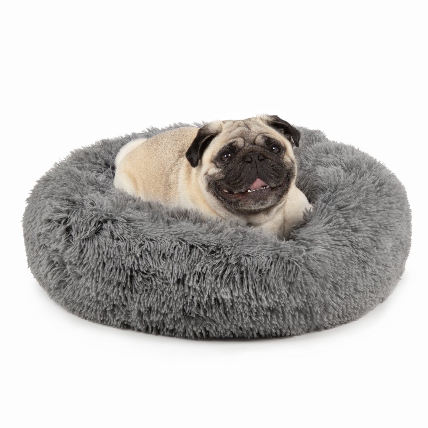 23" round Calming Donut Dog Bed with Washable & Removable Cover & Bolster - Shaggy Plush Long Faux Fur Ball Bed - Gray, for Dogs up to 20 Lbs, Small