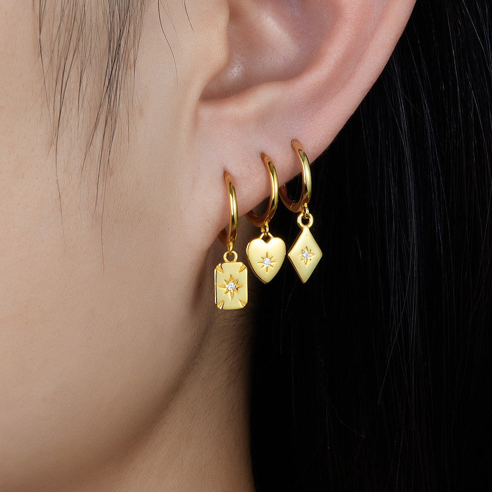 S925 Silver Earrings Diamond Square Trendy Earrings Simple All-match Distinctive Ear Buckle Light Luxury Silver Jewelry