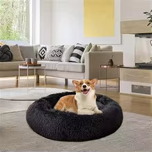 23" round Calming Donut Dog Bed with Washable & Removable Cover & Bolster - Shaggy Plush Long Faux Fur Ball Bed - Gray, for Dogs up to 20 Lbs, Small