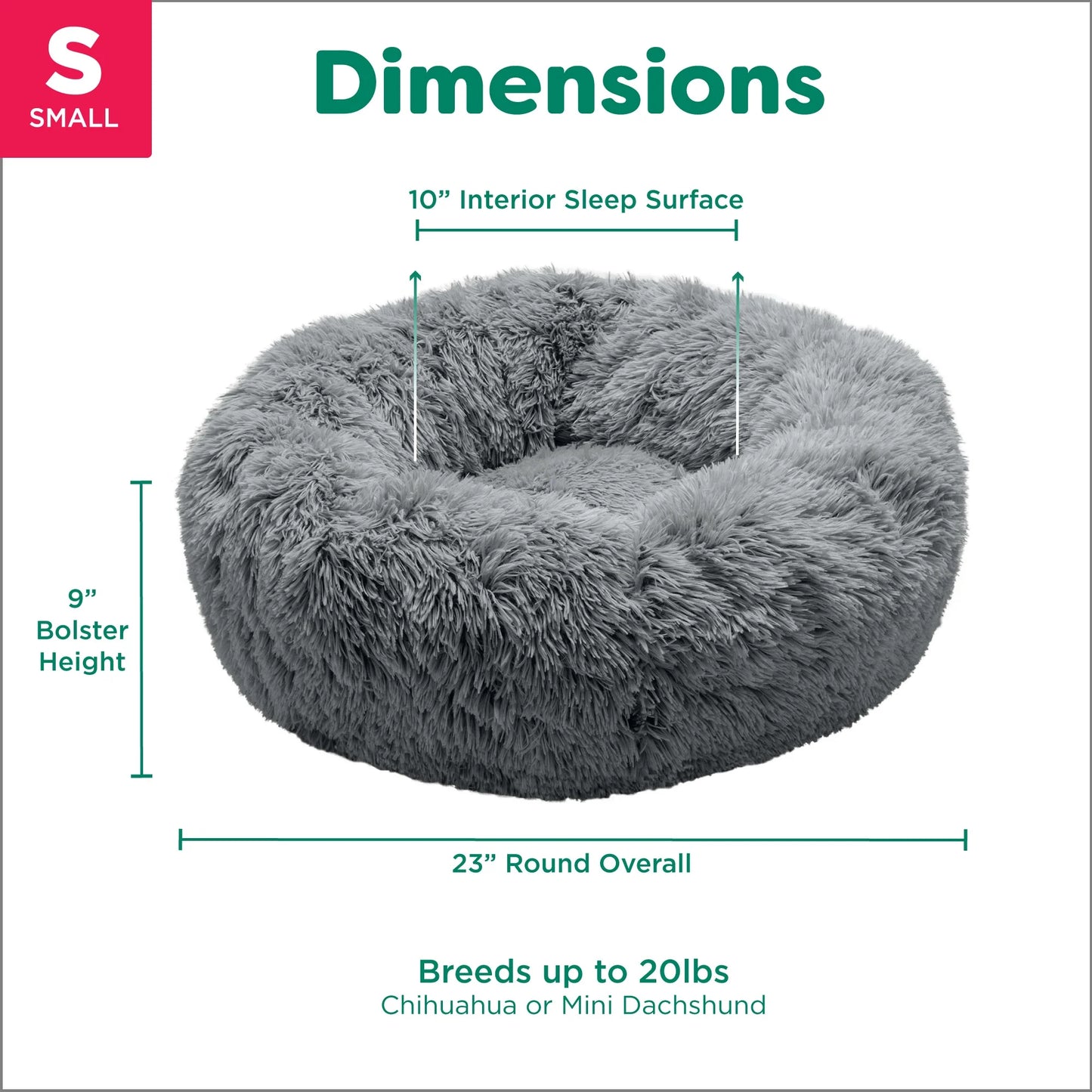 23" round Calming Donut Dog Bed with Washable & Removable Cover & Bolster - Shaggy Plush Long Faux Fur Ball Bed - Gray, for Dogs up to 20 Lbs, Small