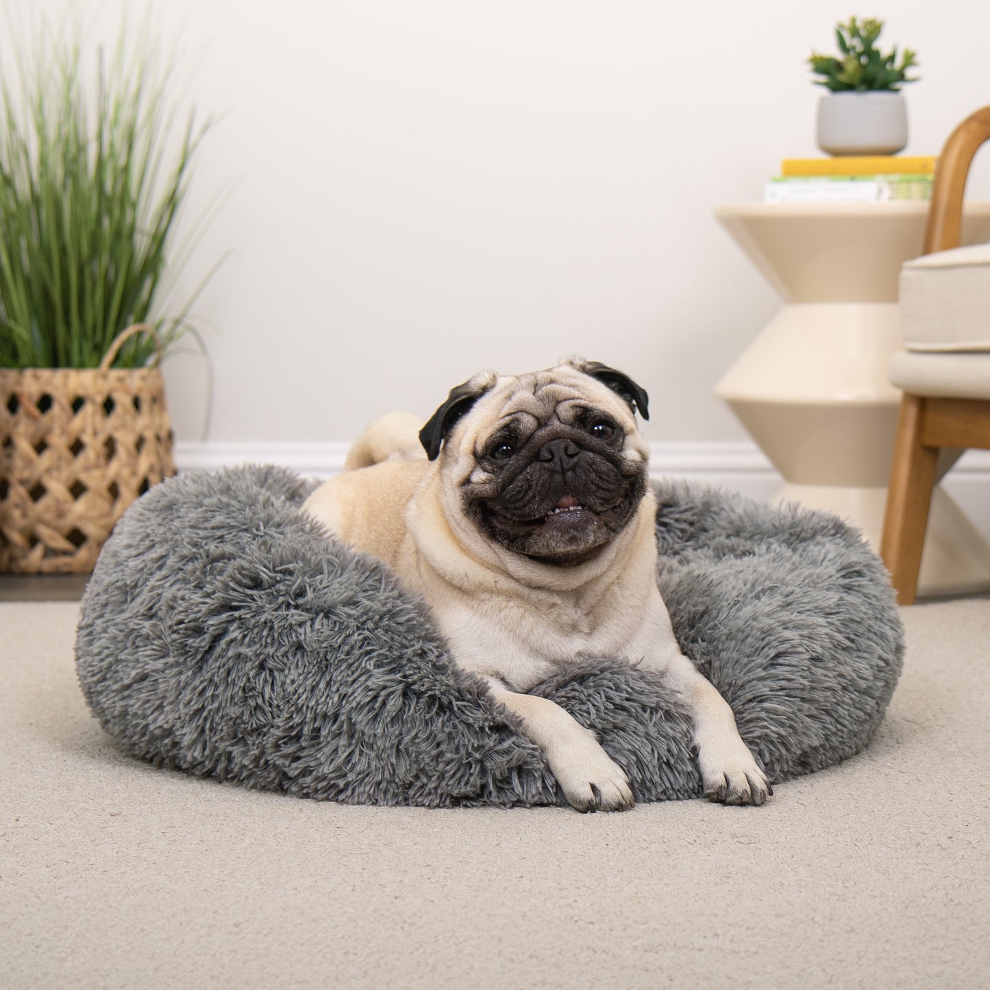 23" round Calming Donut Dog Bed with Washable & Removable Cover & Bolster - Shaggy Plush Long Faux Fur Ball Bed - Gray, for Dogs up to 20 Lbs, Small