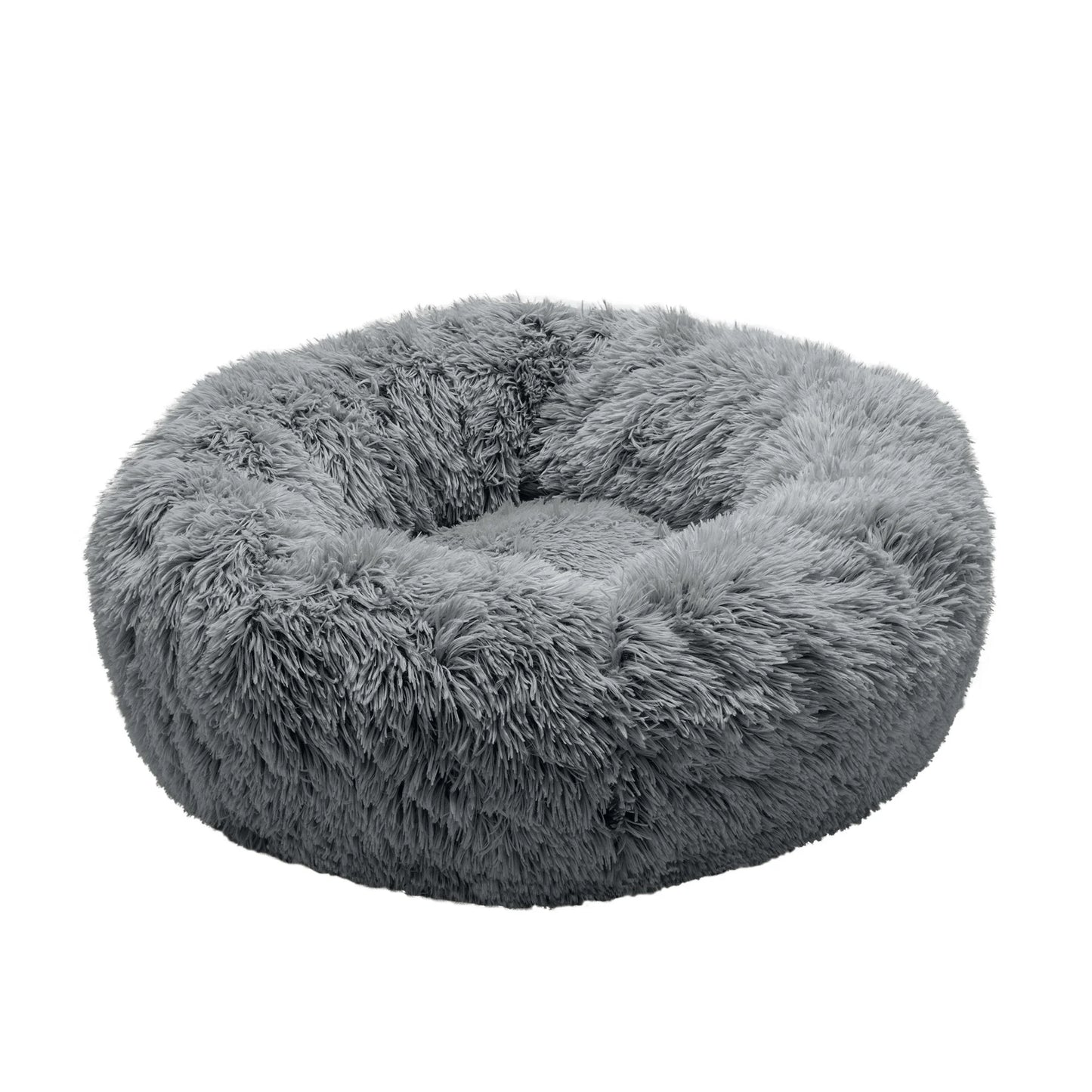 23" round Calming Donut Dog Bed with Washable & Removable Cover & Bolster - Shaggy Plush Long Faux Fur Ball Bed - Gray, for Dogs up to 20 Lbs, Small