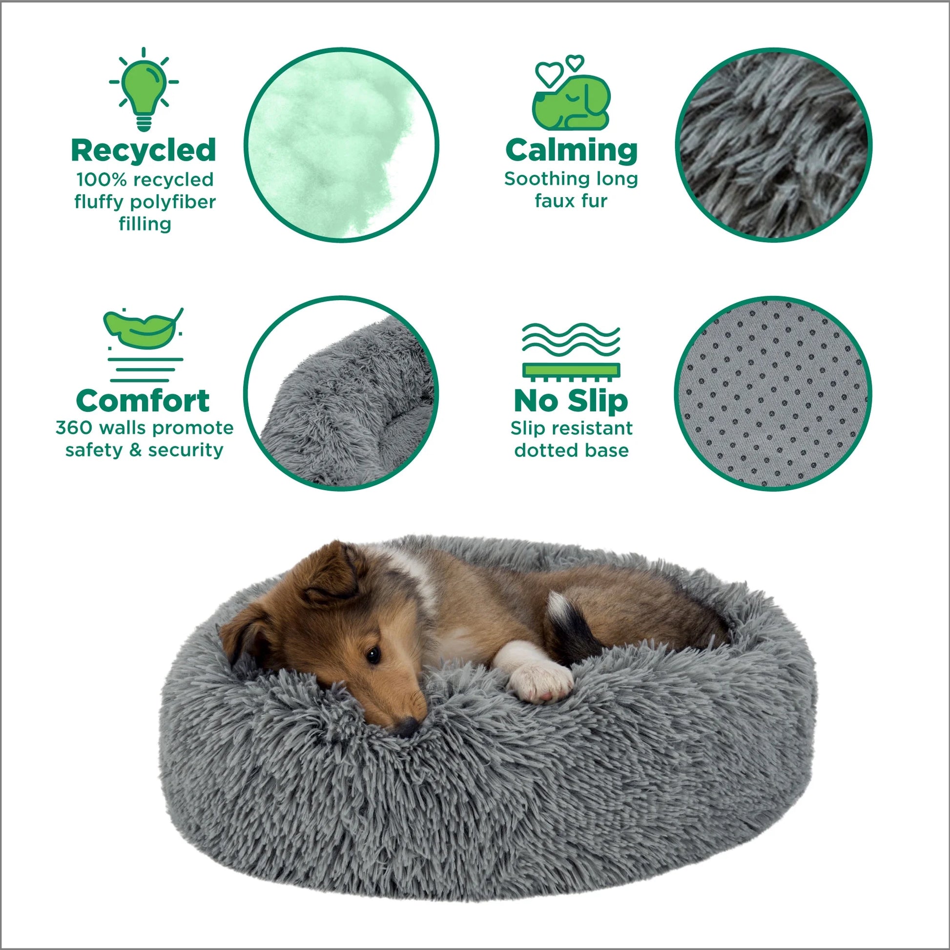 23" round Calming Donut Dog Bed with Washable & Removable Cover & Bolster - Shaggy Plush Long Faux Fur Ball Bed - Gray, for Dogs up to 20 Lbs, Small