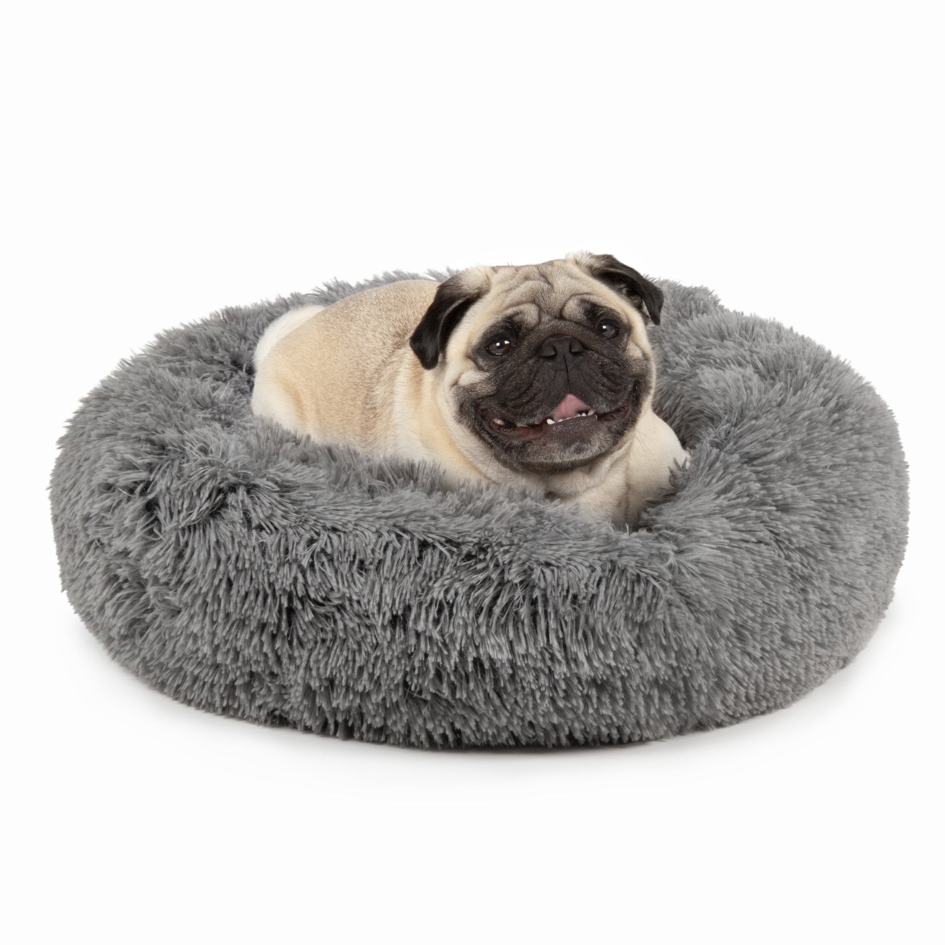 23" round Calming Donut Dog Bed with Washable & Removable Cover & Bolster - Shaggy Plush Long Faux Fur Ball Bed - Gray, for Dogs up to 20 Lbs, Small
