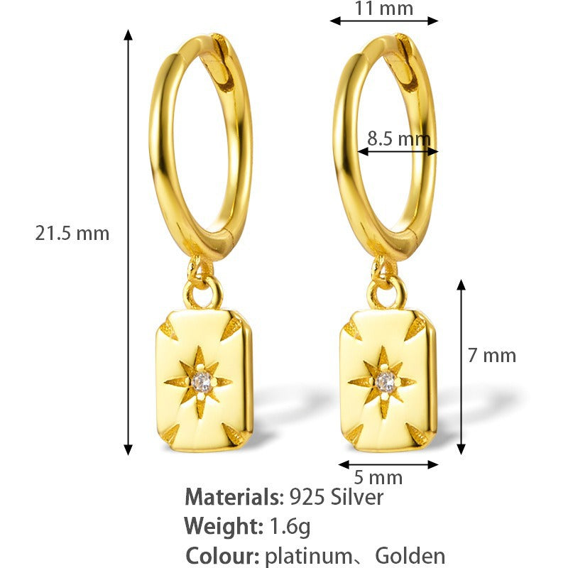 S925 Silver Earrings Diamond Square Trendy Earrings Simple All-match Distinctive Ear Buckle Light Luxury Silver Jewelry