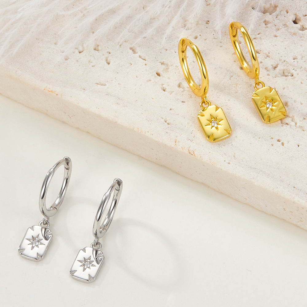 S925 Silver Earrings Diamond Square Trendy Earrings Simple All-match Distinctive Ear Buckle Light Luxury Silver Jewelry