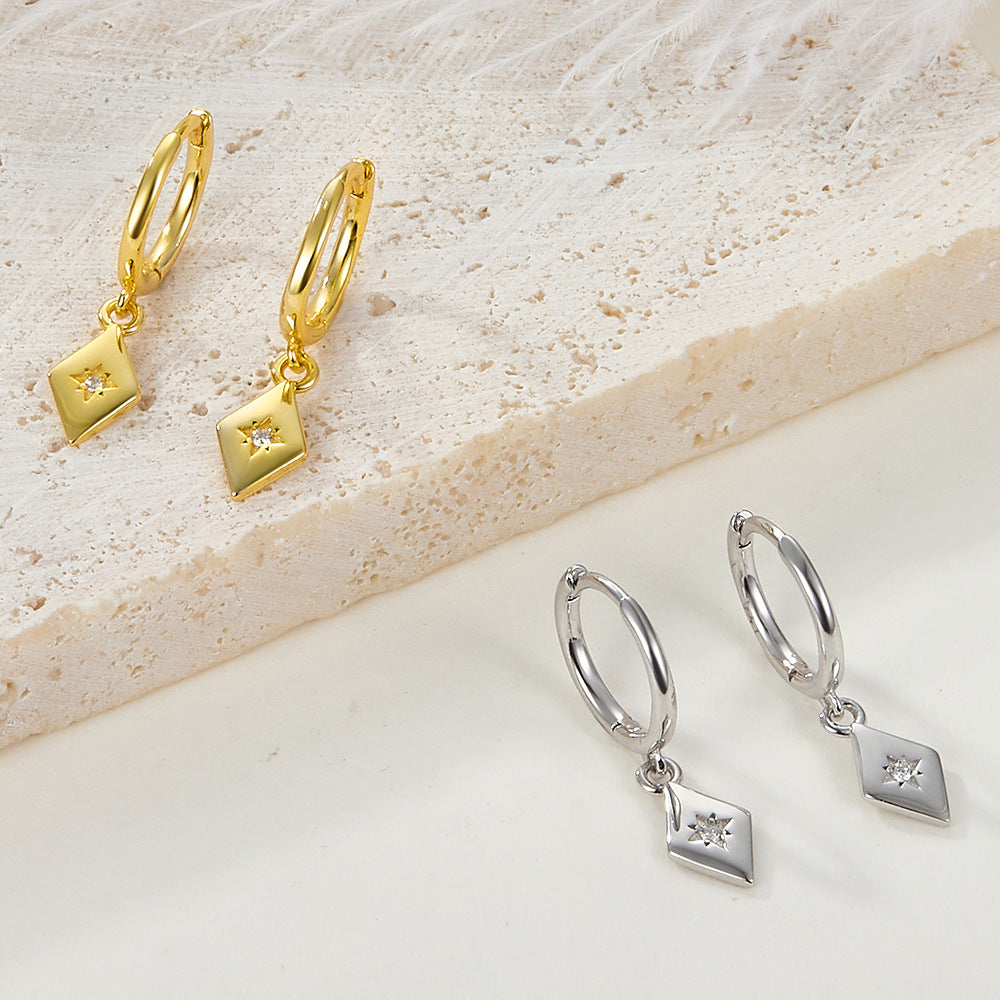 S925 Silver Earrings Diamond Square Trendy Earrings Simple All-match Distinctive Ear Buckle Light Luxury Silver Jewelry