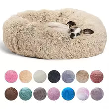 23" round Calming Donut Dog Bed with Washable & Removable Cover & Bolster - Shaggy Plush Long Faux Fur Ball Bed - Gray, for Dogs up to 20 Lbs, Small