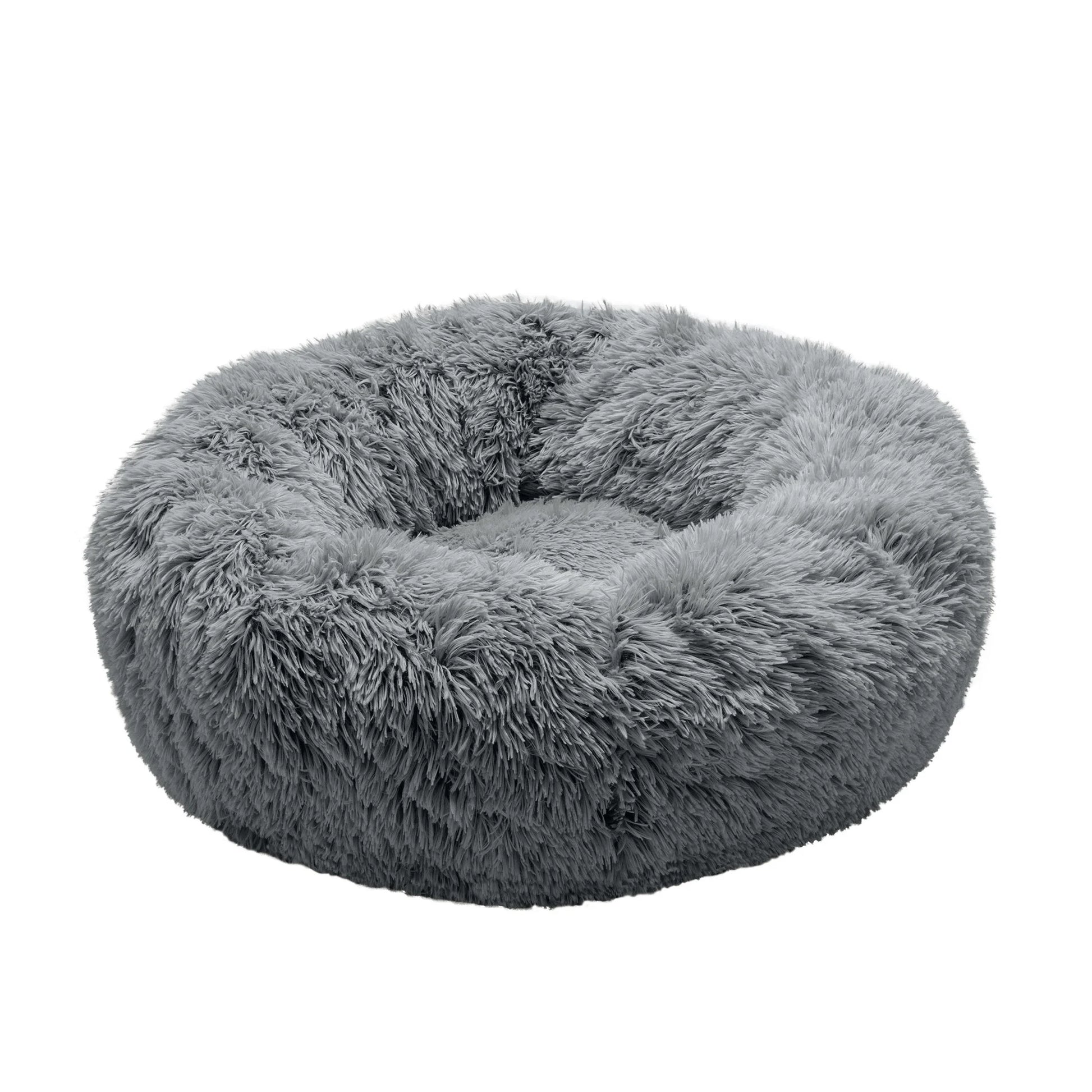 23" round Calming Donut Dog Bed with Washable & Removable Cover & Bolster - Shaggy Plush Long Faux Fur Ball Bed - Gray, for Dogs up to 20 Lbs, Small